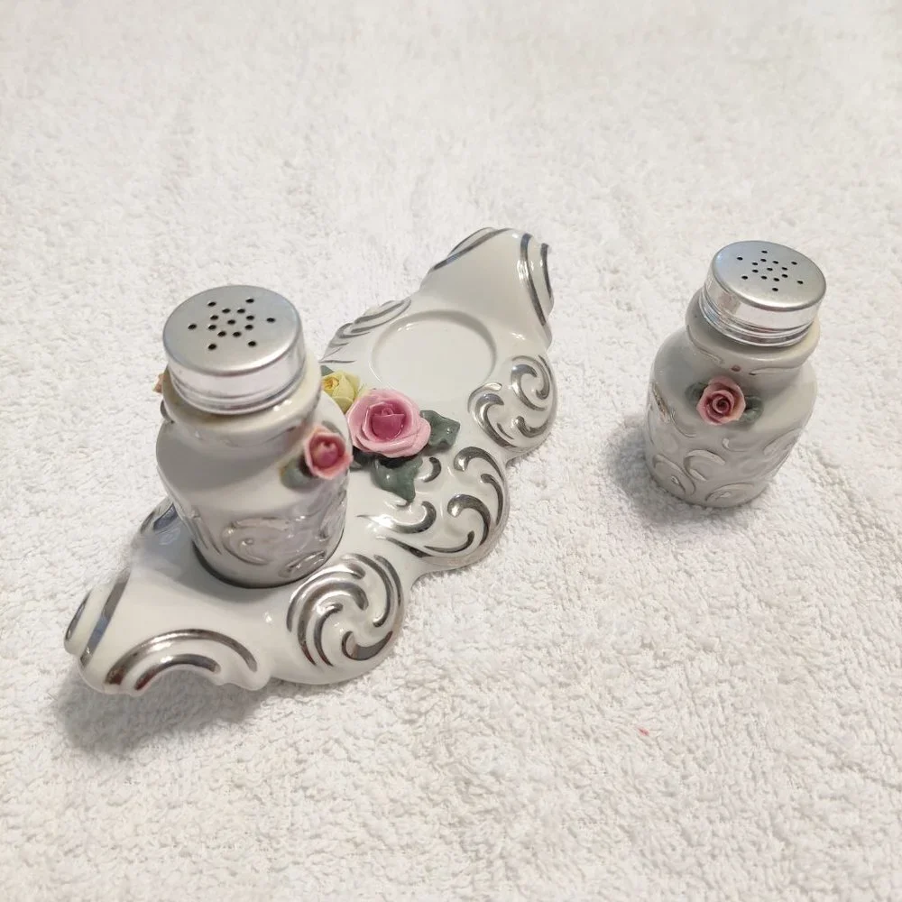 Vintage Dresden Floral Heart Salt and Pepper Set